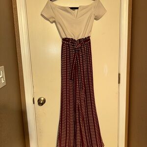 Marshalls Cream Top and Red Plaid Flare Pants Set